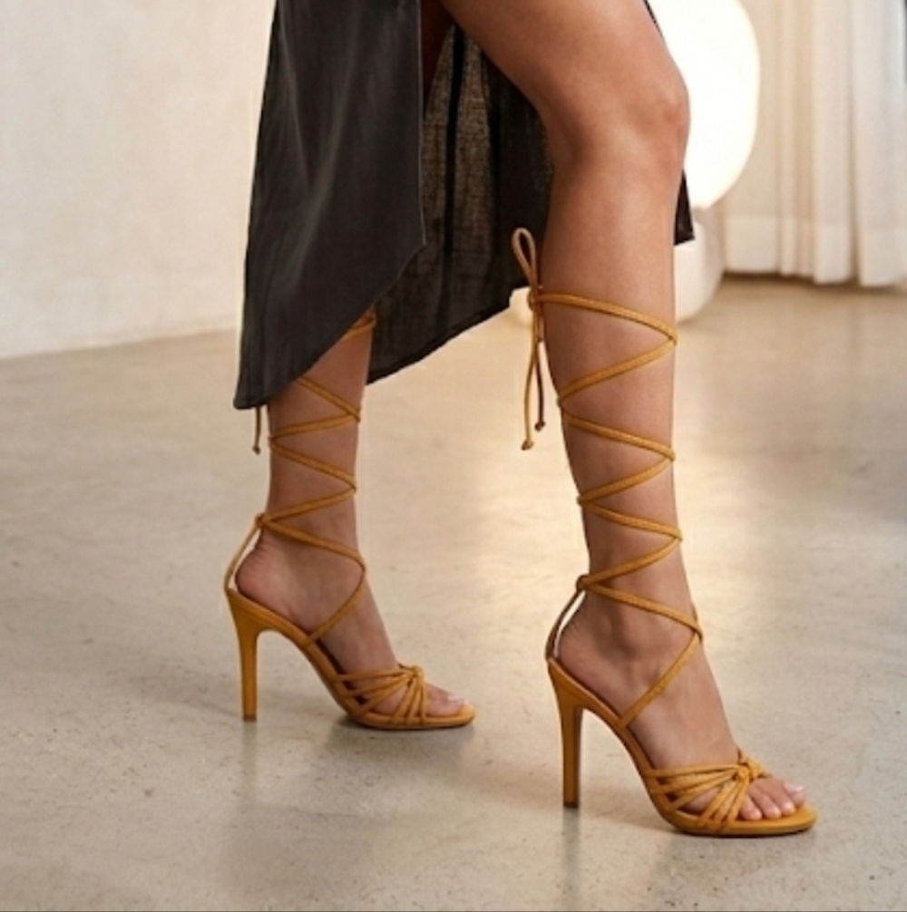 NWT Express Strappy Lace-Up Heeled Sandals – Golden Mustard Yellow